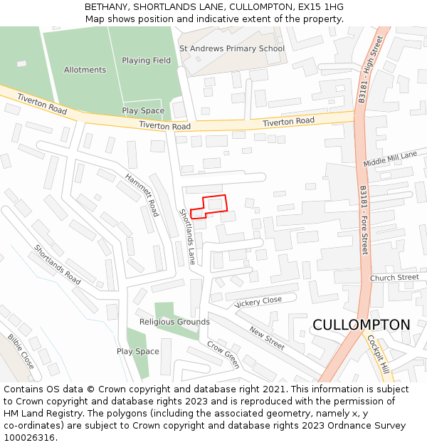 BETHANY, SHORTLANDS LANE, CULLOMPTON, EX15 1HG: Location map and indicative extent of plot