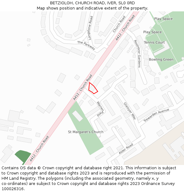 BETZIOLOH, CHURCH ROAD, IVER, SL0 0RD: Location map and indicative extent of plot