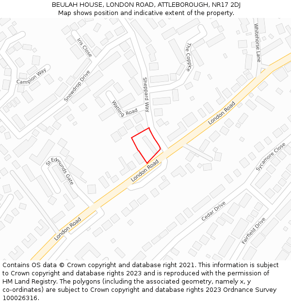 BEULAH HOUSE, LONDON ROAD, ATTLEBOROUGH, NR17 2DJ: Location map and indicative extent of plot