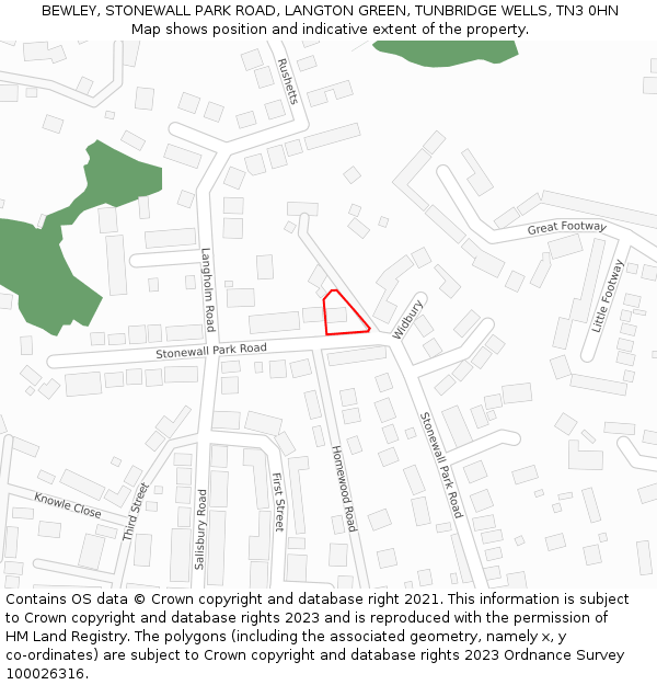 BEWLEY, STONEWALL PARK ROAD, LANGTON GREEN, TUNBRIDGE WELLS, TN3 0HN: Location map and indicative extent of plot