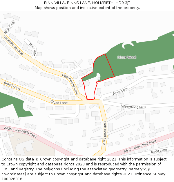 BINN VILLA, BINNS LANE, HOLMFIRTH, HD9 3JT: Location map and indicative extent of plot