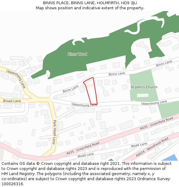 BINNS PLACE, BINNS LANE, HOLMFIRTH, HD9 3JU: Location map and indicative extent of plot
