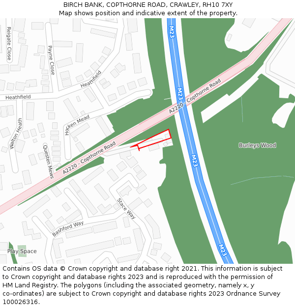 BIRCH BANK, COPTHORNE ROAD, CRAWLEY, RH10 7XY: Location map and indicative extent of plot