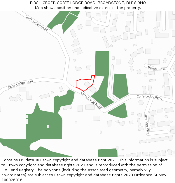 BIRCH CROFT, CORFE LODGE ROAD, BROADSTONE, BH18 9NQ: Location map and indicative extent of plot