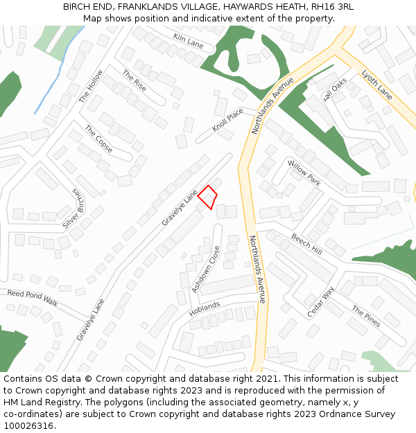 BIRCH END, FRANKLANDS VILLAGE, HAYWARDS HEATH, RH16 3RL: Location map and indicative extent of plot