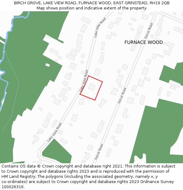 BIRCH GROVE, LAKE VIEW ROAD, FURNACE WOOD, EAST GRINSTEAD, RH19 2QB: Location map and indicative extent of plot