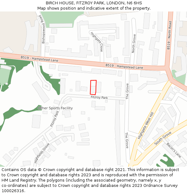 BIRCH HOUSE, FITZROY PARK, LONDON, N6 6HS: Location map and indicative extent of plot