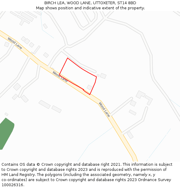 BIRCH LEA, WOOD LANE, UTTOXETER, ST14 8BD: Location map and indicative extent of plot