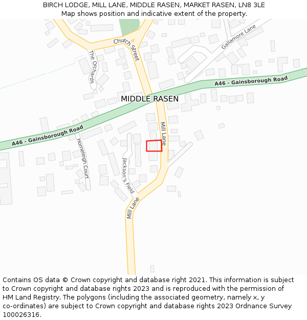 BIRCH LODGE, MILL LANE, MIDDLE RASEN, MARKET RASEN, LN8 3LE: Location map and indicative extent of plot