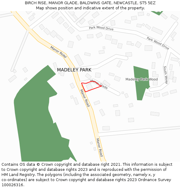 BIRCH RISE, MANOR GLADE, BALDWINS GATE, NEWCASTLE, ST5 5EZ: Location map and indicative extent of plot