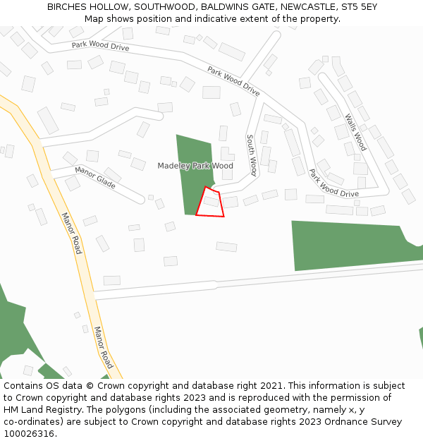 BIRCHES HOLLOW, SOUTHWOOD, BALDWINS GATE, NEWCASTLE, ST5 5EY: Location map and indicative extent of plot