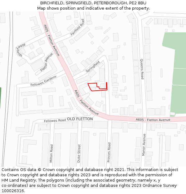 BIRCHFIELD, SPRINGFIELD, PETERBOROUGH, PE2 8BU: Location map and indicative extent of plot