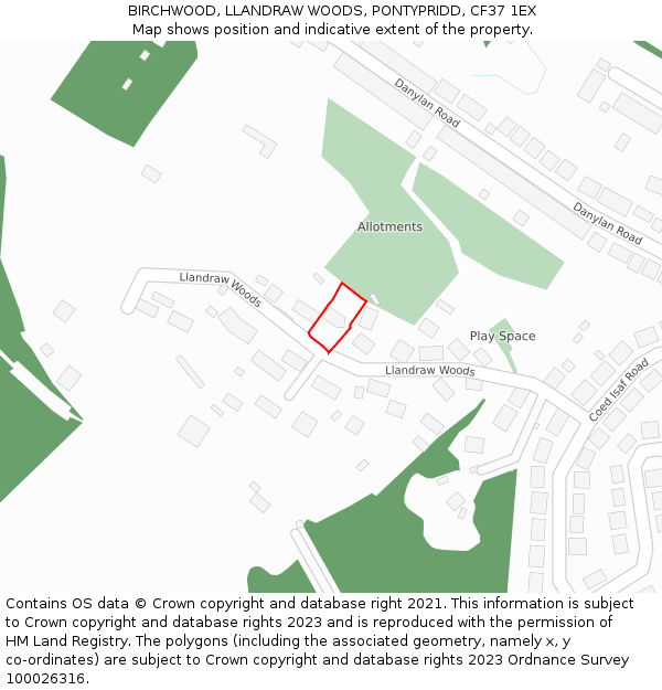 BIRCHWOOD, LLANDRAW WOODS, PONTYPRIDD, CF37 1EX: Location map and indicative extent of plot