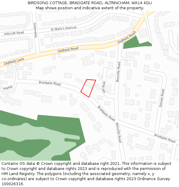 BIRDSONG COTTAGE, BRADGATE ROAD, ALTRINCHAM, WA14 4QU: Location map and indicative extent of plot