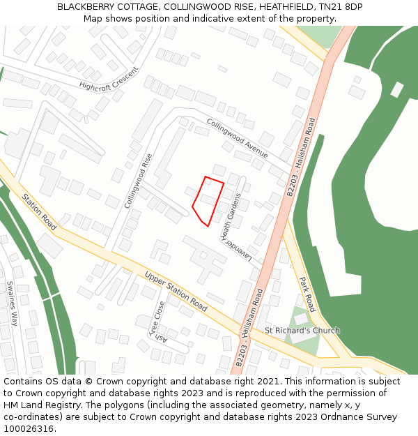 BLACKBERRY COTTAGE, COLLINGWOOD RISE, HEATHFIELD, TN21 8DP: Location map and indicative extent of plot