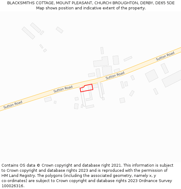 BLACKSMITHS COTTAGE, MOUNT PLEASANT, CHURCH BROUGHTON, DERBY, DE65 5DE: Location map and indicative extent of plot