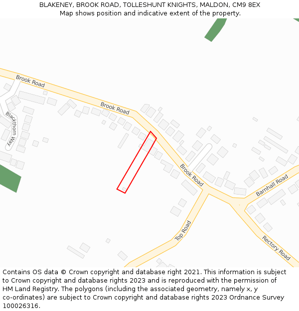 BLAKENEY, BROOK ROAD, TOLLESHUNT KNIGHTS, MALDON, CM9 8EX: Location map and indicative extent of plot