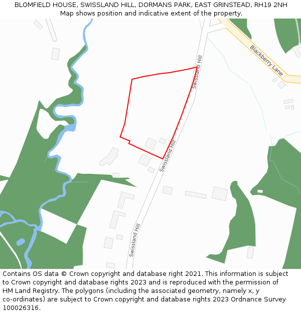 BLOMFIELD HOUSE, SWISSLAND HILL, DORMANS PARK, EAST GRINSTEAD, RH19 2NH: Location map and indicative extent of plot