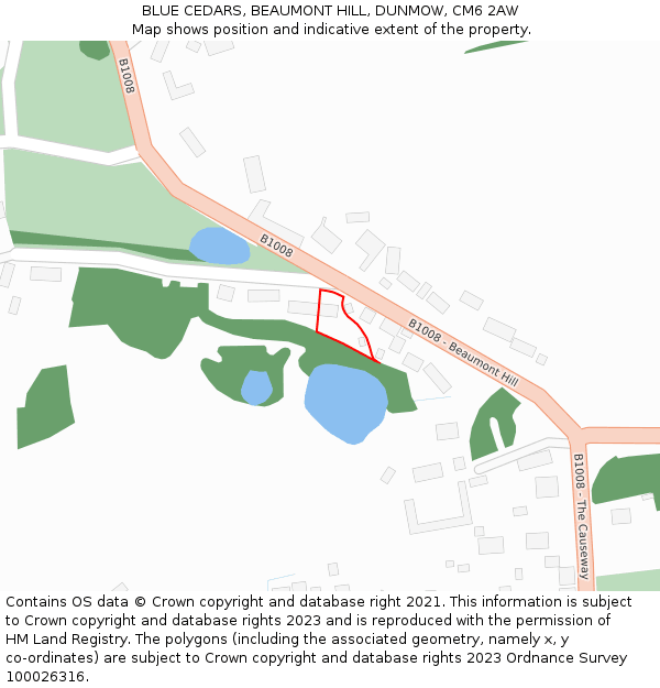 BLUE CEDARS, BEAUMONT HILL, DUNMOW, CM6 2AW: Location map and indicative extent of plot