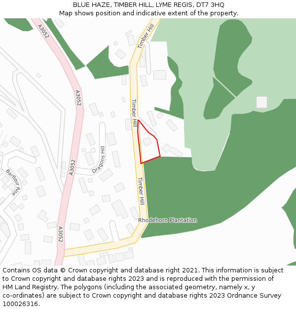 BLUE HAZE, TIMBER HILL, LYME REGIS, DT7 3HQ: Location map and indicative extent of plot