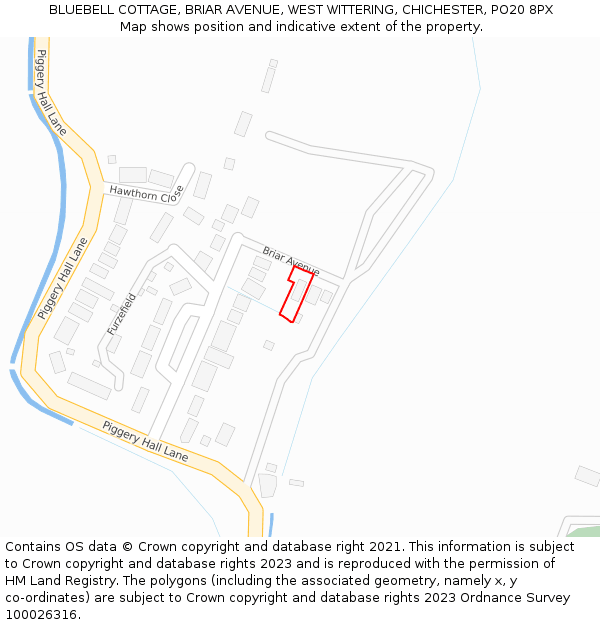 BLUEBELL COTTAGE, BRIAR AVENUE, WEST WITTERING, CHICHESTER, PO20 8PX: Location map and indicative extent of plot