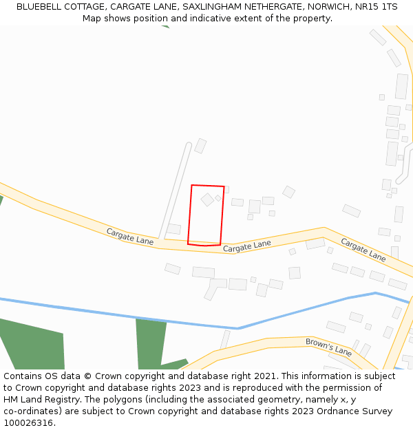 BLUEBELL COTTAGE, CARGATE LANE, SAXLINGHAM NETHERGATE, NORWICH, NR15 1TS: Location map and indicative extent of plot