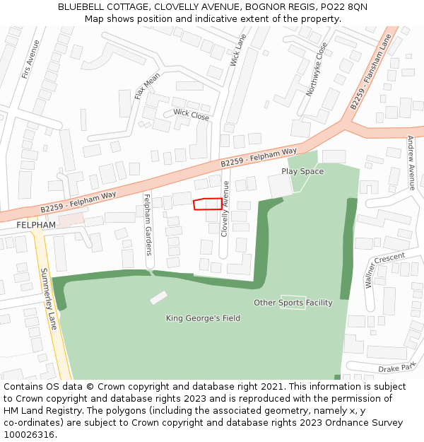 BLUEBELL COTTAGE, CLOVELLY AVENUE, BOGNOR REGIS, PO22 8QN: Location map and indicative extent of plot