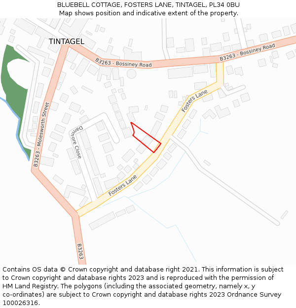 BLUEBELL COTTAGE, FOSTERS LANE, TINTAGEL, PL34 0BU: Location map and indicative extent of plot