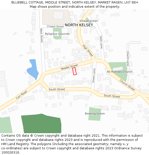 BLUEBELL COTTAGE, MIDDLE STREET, NORTH KELSEY, MARKET RASEN, LN7 6EH: Location map and indicative extent of plot