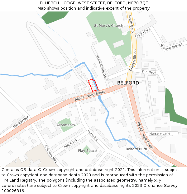 BLUEBELL LODGE, WEST STREET, BELFORD, NE70 7QE: Location map and indicative extent of plot