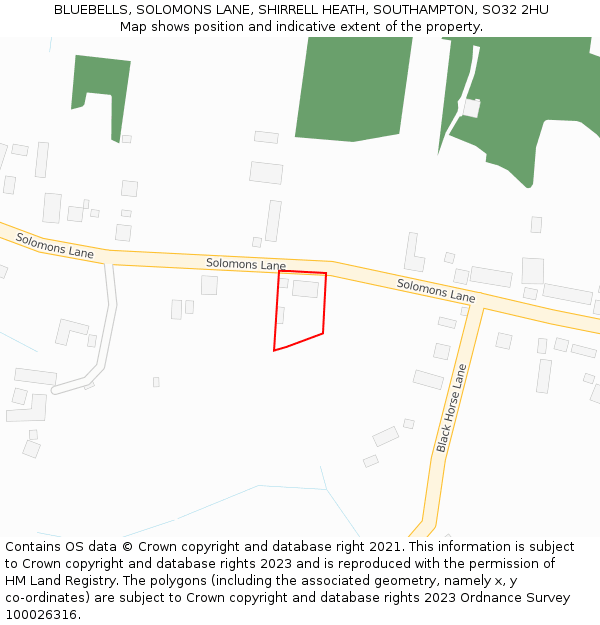 BLUEBELLS, SOLOMONS LANE, SHIRRELL HEATH, SOUTHAMPTON, SO32 2HU: Location map and indicative extent of plot