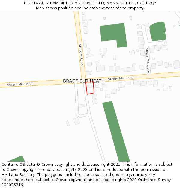 BLUEDAN, STEAM MILL ROAD, BRADFIELD, MANNINGTREE, CO11 2QY: Location map and indicative extent of plot