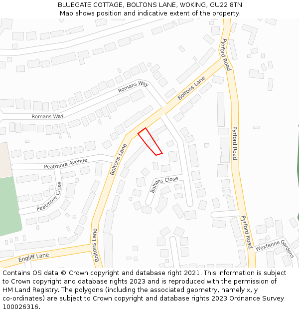 BLUEGATE COTTAGE, BOLTONS LANE, WOKING, GU22 8TN: Location map and indicative extent of plot