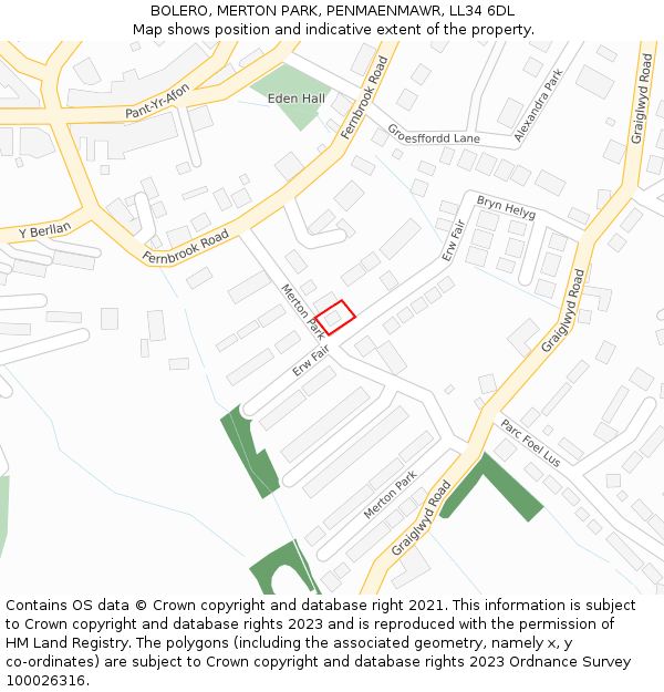 BOLERO, MERTON PARK, PENMAENMAWR, LL34 6DL: Location map and indicative extent of plot
