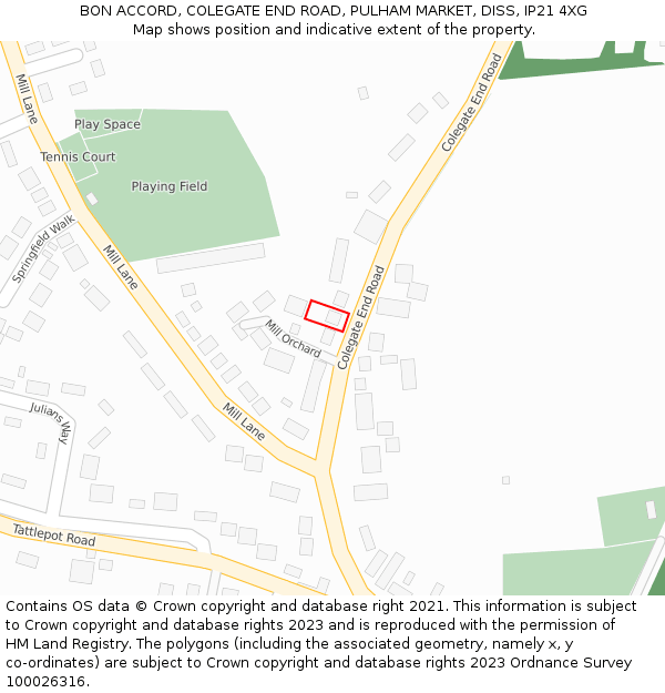 BON ACCORD, COLEGATE END ROAD, PULHAM MARKET, DISS, IP21 4XG: Location map and indicative extent of plot