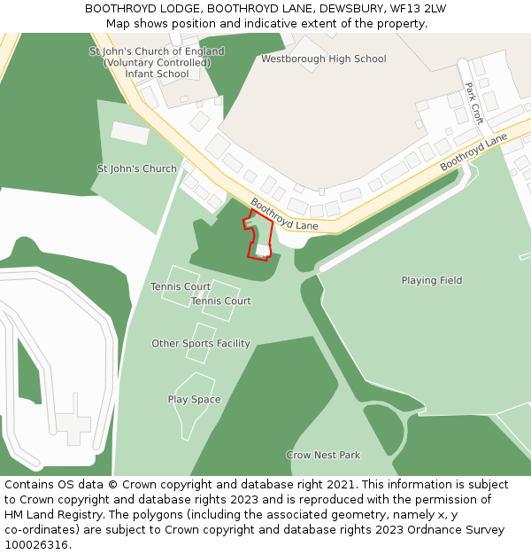 BOOTHROYD LODGE, BOOTHROYD LANE, DEWSBURY, WF13 2LW: Location map and indicative extent of plot