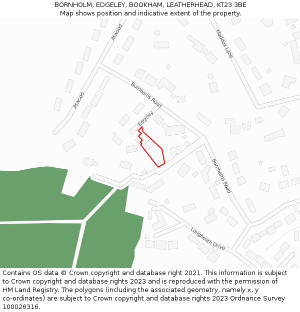 BORNHOLM, EDGELEY, BOOKHAM, LEATHERHEAD, KT23 3BE: Location map and indicative extent of plot