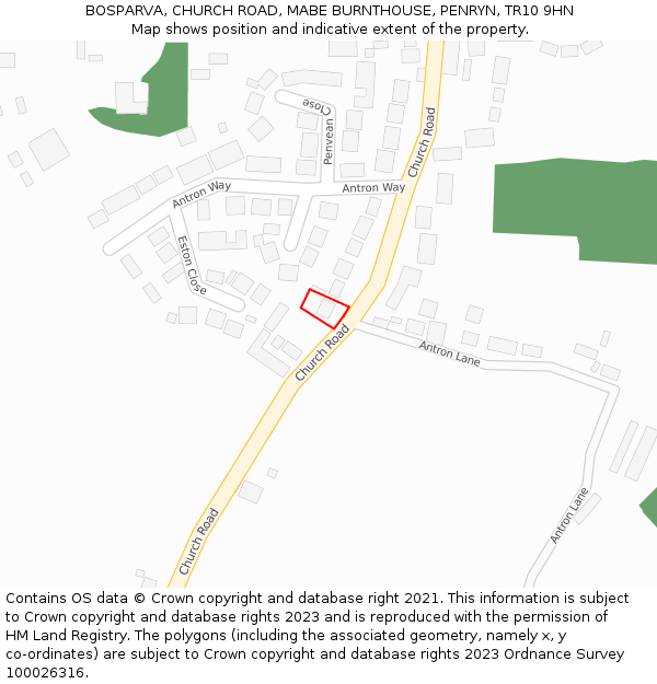BOSPARVA, CHURCH ROAD, MABE BURNTHOUSE, PENRYN, TR10 9HN: Location map and indicative extent of plot