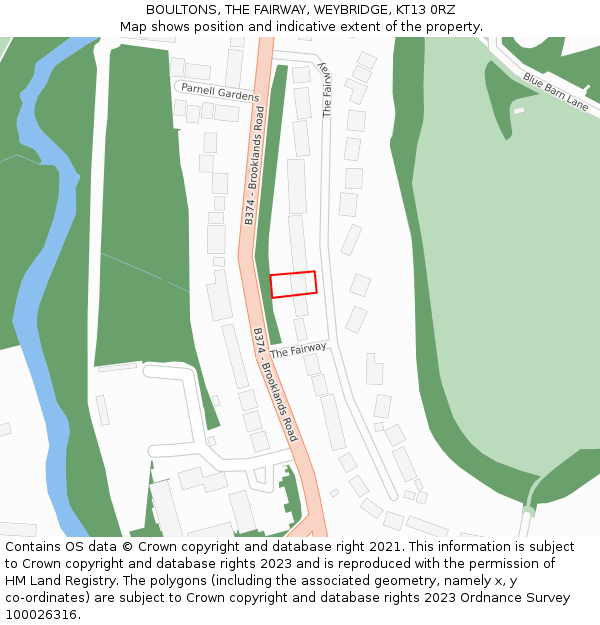 BOULTONS, THE FAIRWAY, WEYBRIDGE, KT13 0RZ: Location map and indicative extent of plot