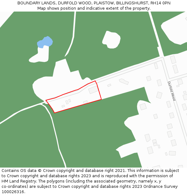 BOUNDARY LANDS, DURFOLD WOOD, PLAISTOW, BILLINGSHURST, RH14 0PN: Location map and indicative extent of plot