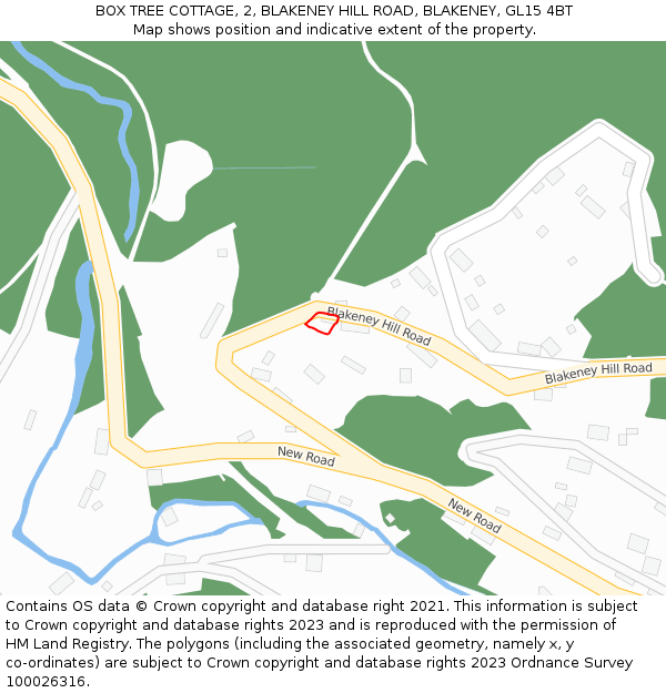 BOX TREE COTTAGE, 2, BLAKENEY HILL ROAD, BLAKENEY, GL15 4BT: Location map and indicative extent of plot