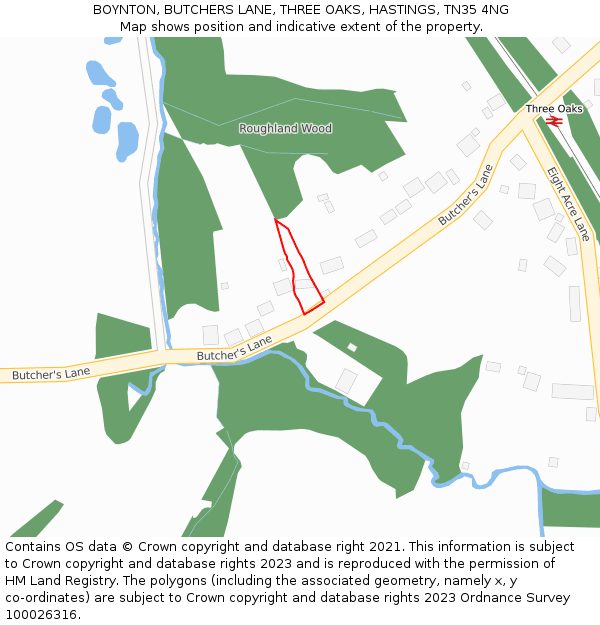 BOYNTON, BUTCHERS LANE, THREE OAKS, HASTINGS, TN35 4NG: Location map and indicative extent of plot