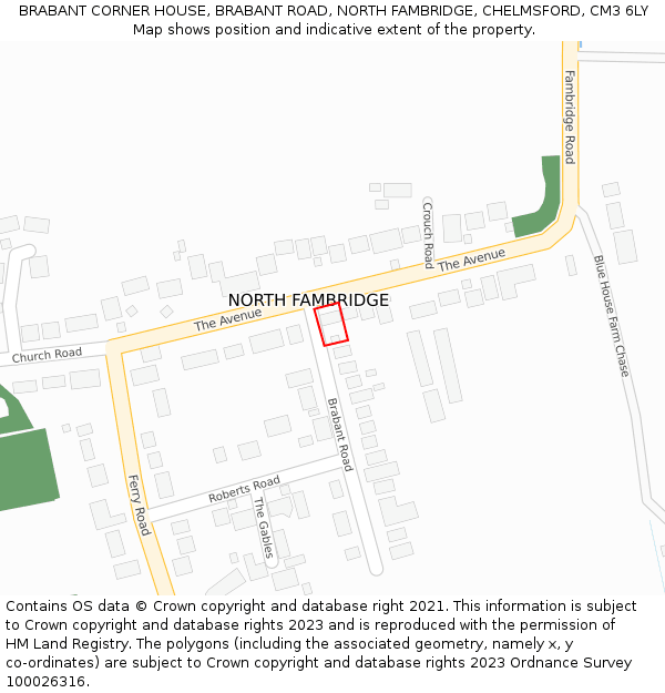 BRABANT CORNER HOUSE, BRABANT ROAD, NORTH FAMBRIDGE, CHELMSFORD, CM3 6LY: Location map and indicative extent of plot