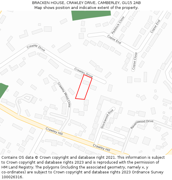 BRACKEN HOUSE, CRAWLEY DRIVE, CAMBERLEY, GU15 2AB: Location map and indicative extent of plot