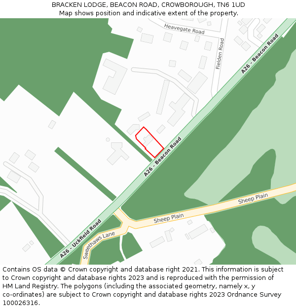 BRACKEN LODGE, BEACON ROAD, CROWBOROUGH, TN6 1UD: Location map and indicative extent of plot