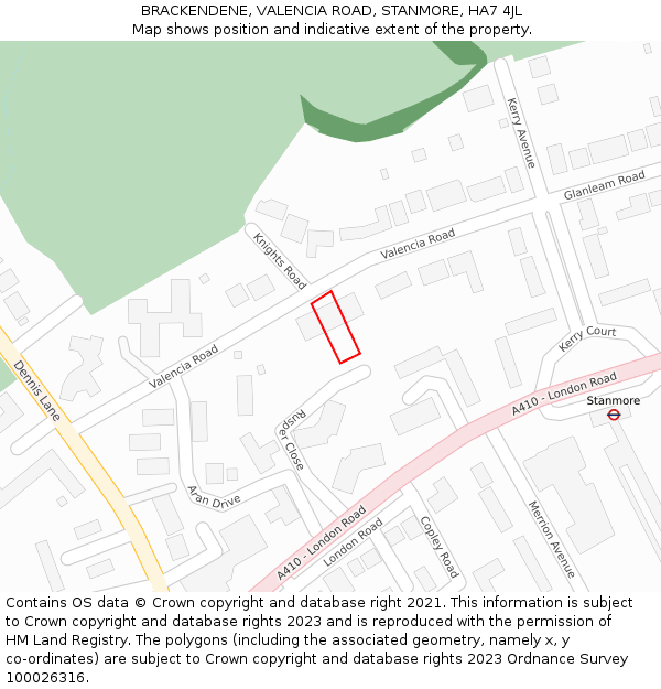 BRACKENDENE, VALENCIA ROAD, STANMORE, HA7 4JL: Location map and indicative extent of plot