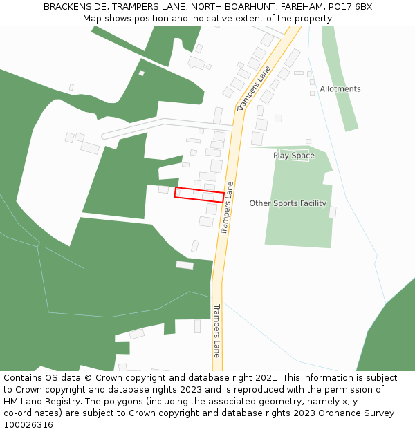 BRACKENSIDE, TRAMPERS LANE, NORTH BOARHUNT, FAREHAM, PO17 6BX: Location map and indicative extent of plot