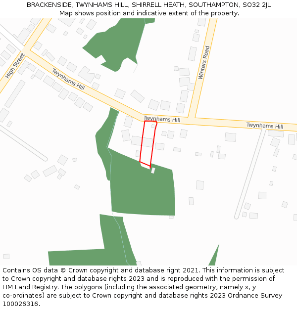 BRACKENSIDE, TWYNHAMS HILL, SHIRRELL HEATH, SOUTHAMPTON, SO32 2JL: Location map and indicative extent of plot