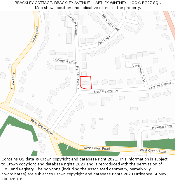 BRACKLEY COTTAGE, BRACKLEY AVENUE, HARTLEY WINTNEY, HOOK, RG27 8QU: Location map and indicative extent of plot