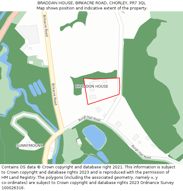 BRADDAN HOUSE, BIRKACRE ROAD, CHORLEY, PR7 3QL: Location map and indicative extent of plot